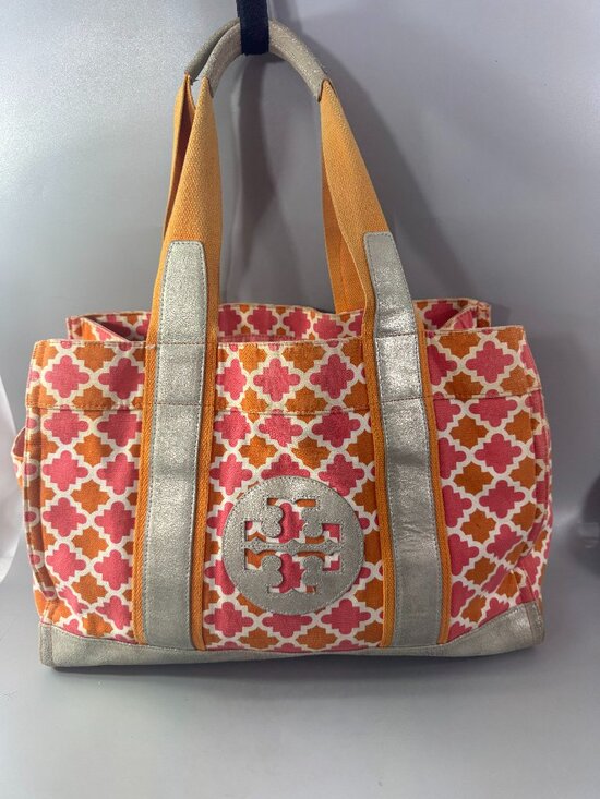 Tory Burch Handbags - Tory Burch Orange/Pink Canvas w/Silver-tone Distressed Leather Large Tote Bag